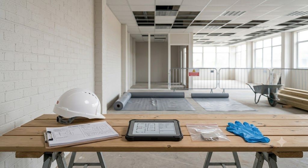 Do not start work until asbestos risk is checked Construction safety helmet on site before refurbishment and demolition asbestos works
