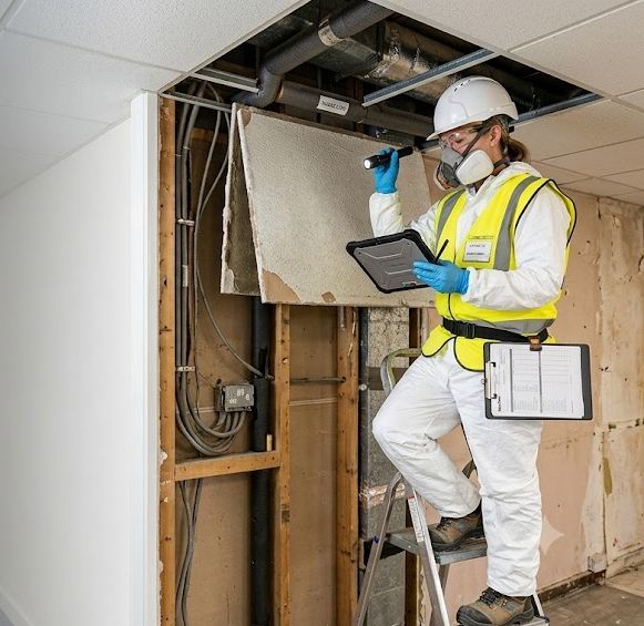Refurbishment and Demolition Asbestos Surveys Asbestos surveyor carrying out a refurbishment and demolition asbestos survey before building works