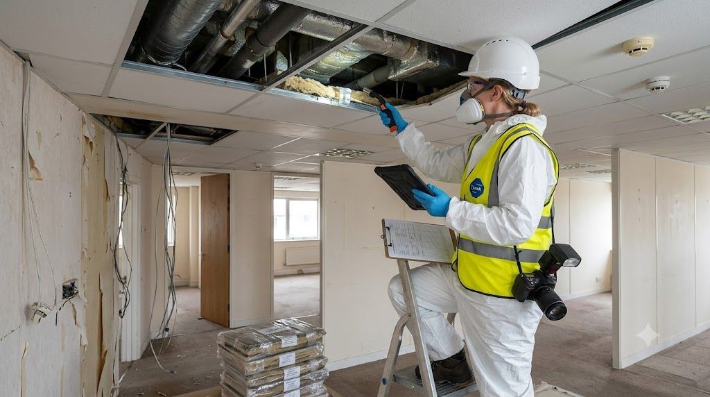 Refurbishment and demolition asbestos survey inspection Asbestos surveyor carrying out an intrusive refurbishment and demolition asbestos inspection before building works