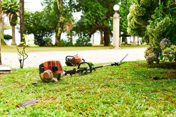 A lawn mower is sitting on top of a lush green lawn.