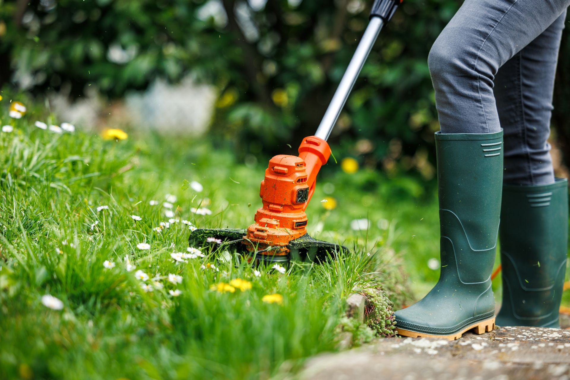 A person is using a lawn mower to cut the grass.