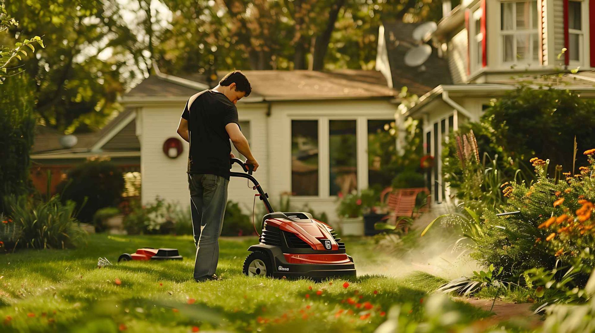 A man is mowing his lawn with a lawn mower in front of a house.