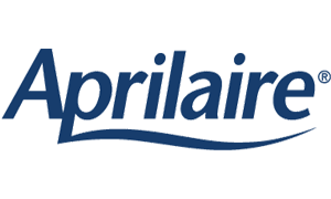 Aprilaire logo in blue with a curved underline and registered trademark symbol