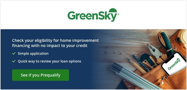 GreenSky ad with tools on a workbench and text promoting home improvement financing and prequalification