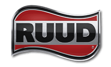 RUUD logo in bold black letters on a red and silver metallic background