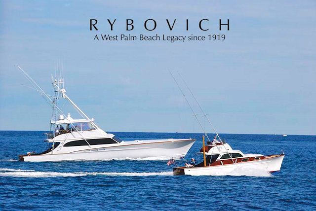 Two boats on blue ocean with Rybovich logo and slogan above