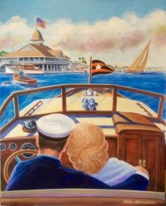 Couple on a boat looking toward a harbor, with a sailboat and a waterfront building ahead.