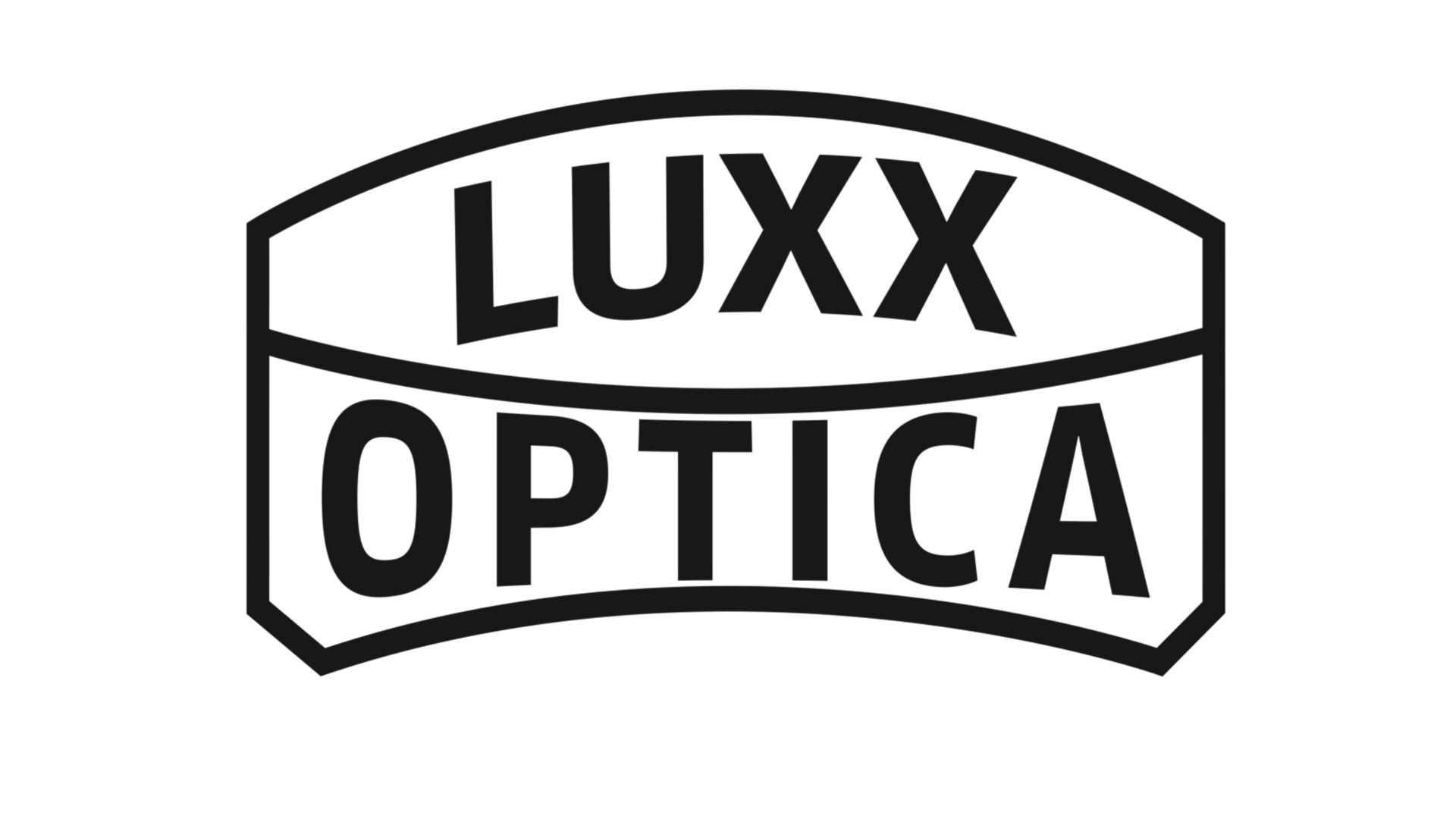 LUXX OPTICA logo in bold black text inside a curved black-outlined badge