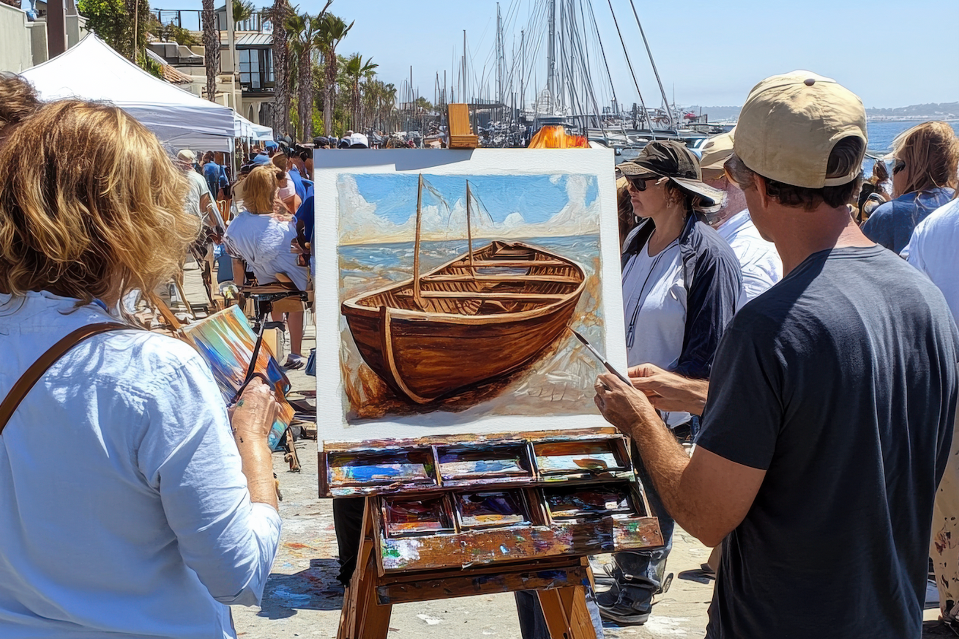 Artist painting a wooden boat scene at an outdoor waterfront art fair