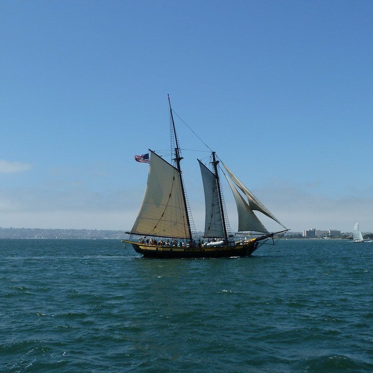 Sailboat with white sails on blue water under a clear sky, with a distant shoreline in the background