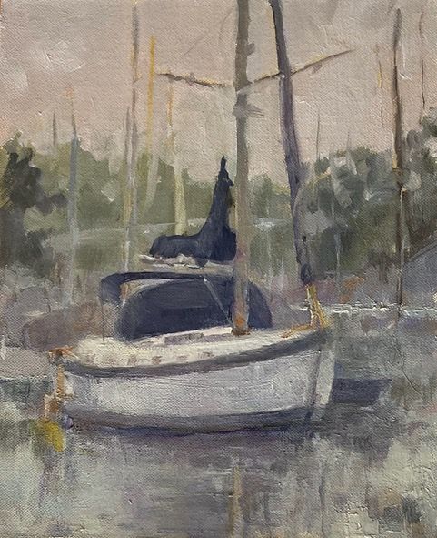 A small sailboat with a dark sail on calm water, painted in muted gray, green, and beige tones.