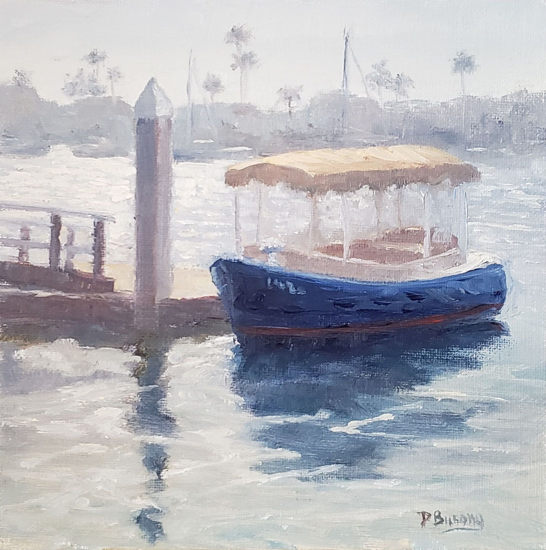 Blue boat with tan canopy moored on calm water beside a dock at dawn