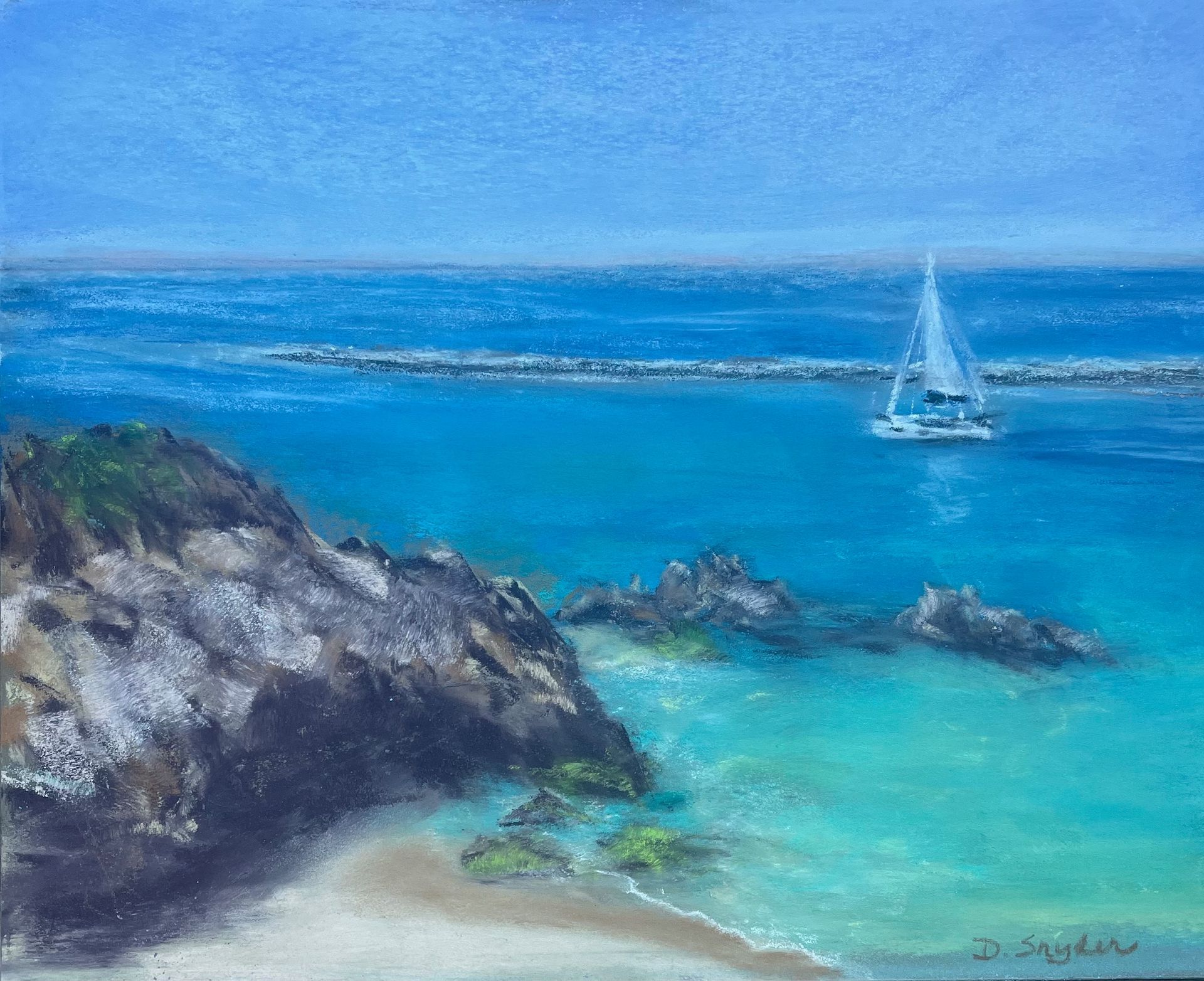 Rocky coast above turquoise sea with a small white sailboat under a blue sky.