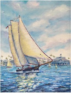 Sailboat with cream sails glides across blue water under a cloudy sky, with a distant shoreline.