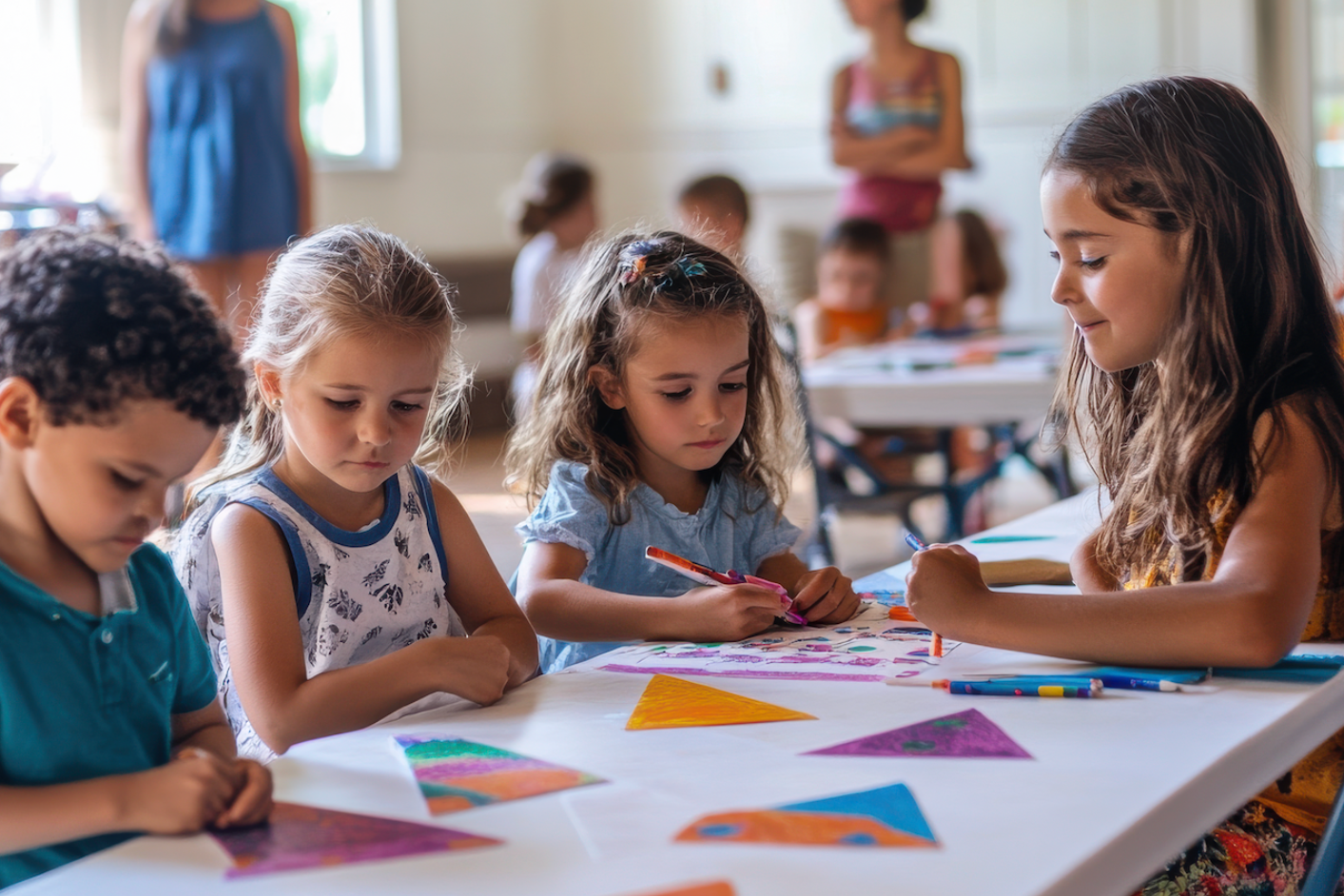 Children sitting at a table making colorful paper crafts in a classroom
