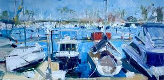 Blue-toned painting of a harbor with docked boats and masts reflected in calm water