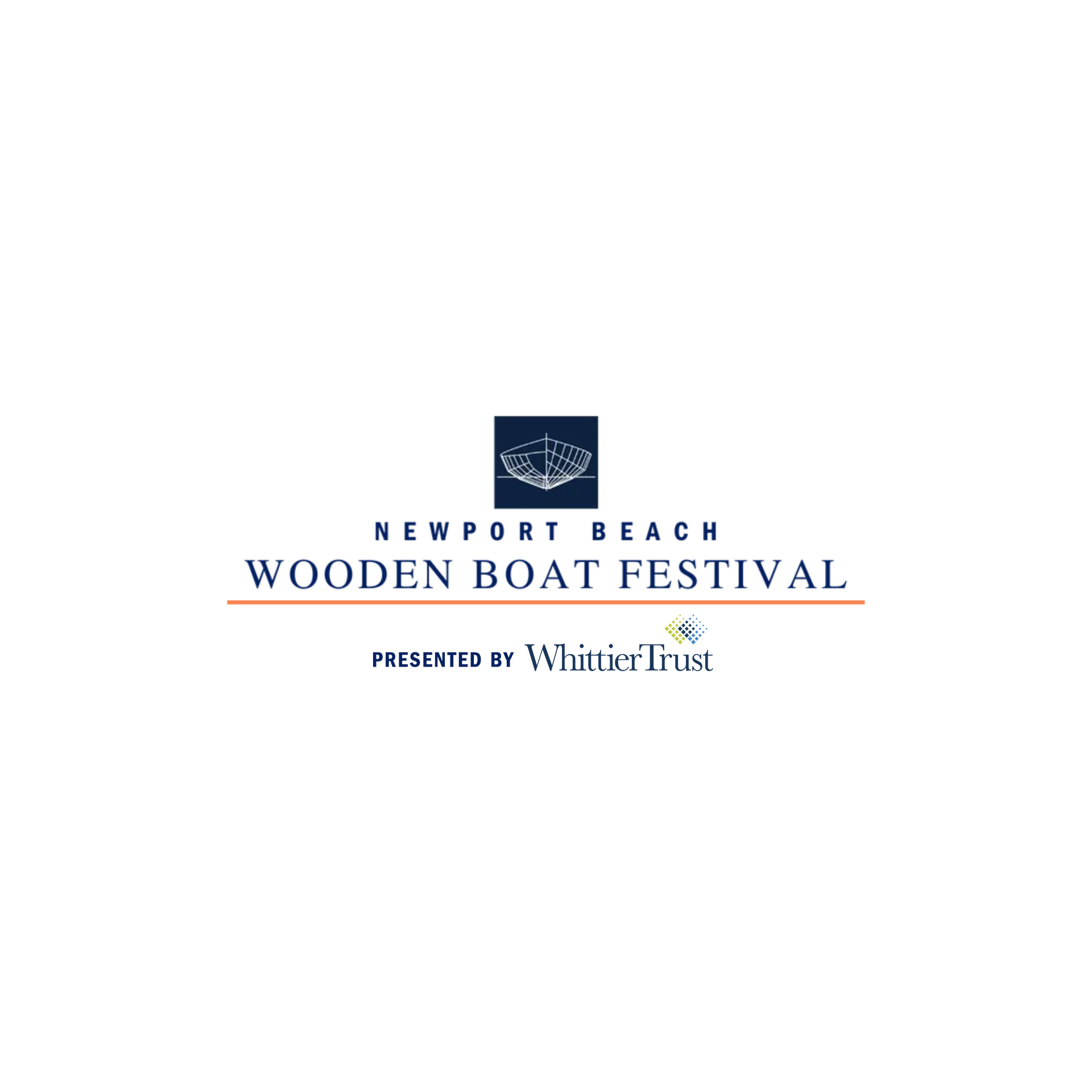 Newport Beach Wooden Boat Festival logo with navy and orange text on white background