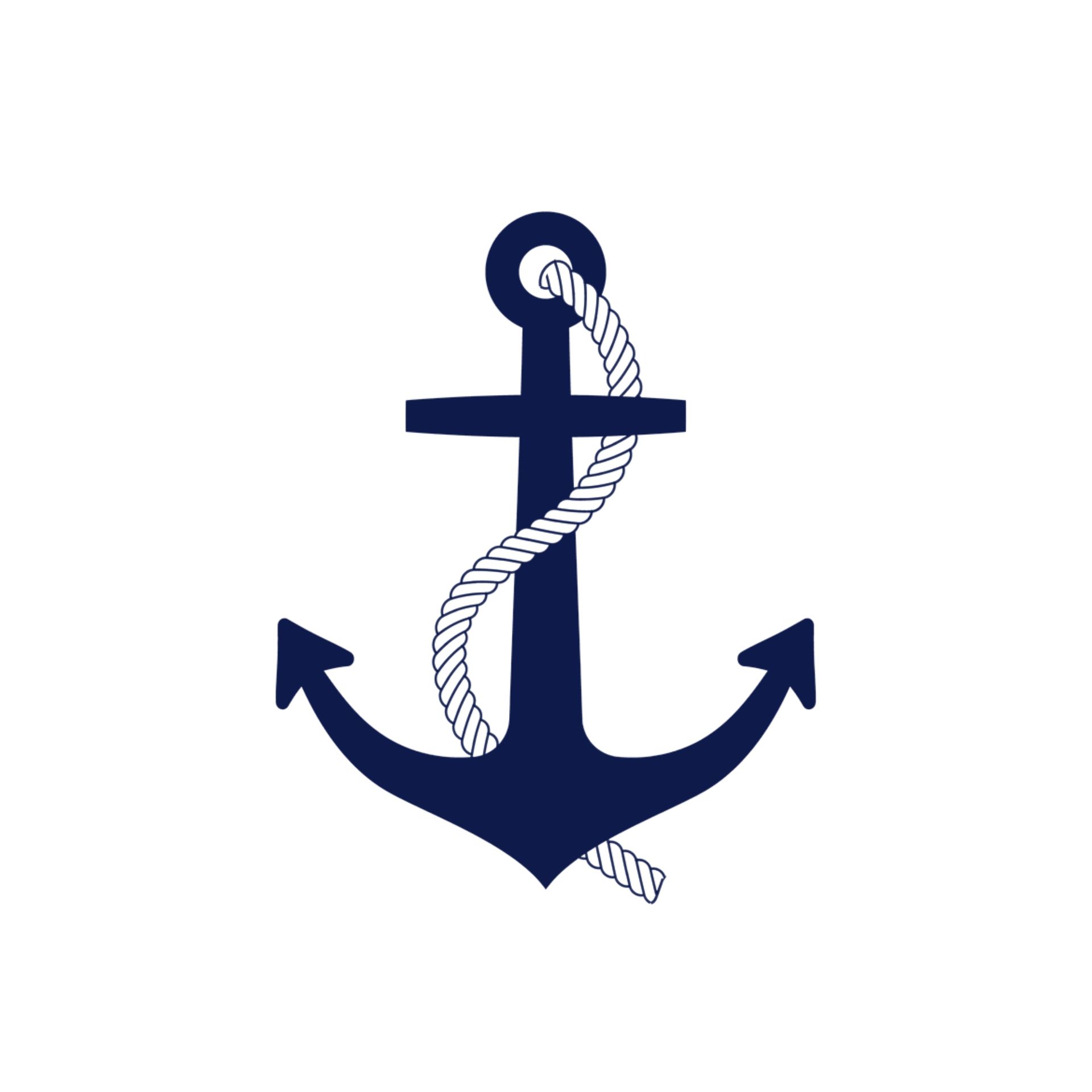 Navy blue anchor with a white rope wrapped around it on a white background
