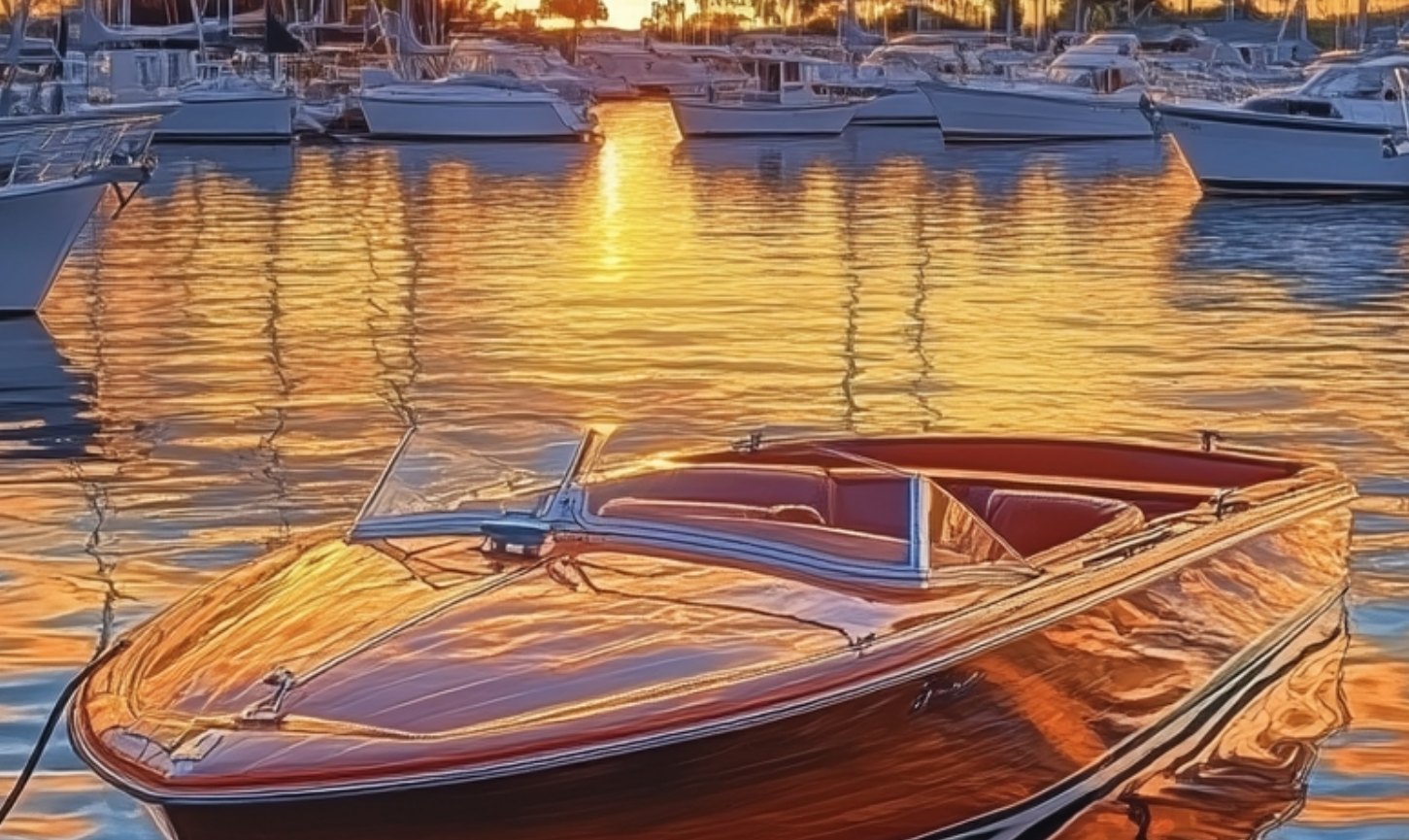 Wooden motorboat at sunset in a calm harbor, with golden reflections on the water and docked yachts nearby