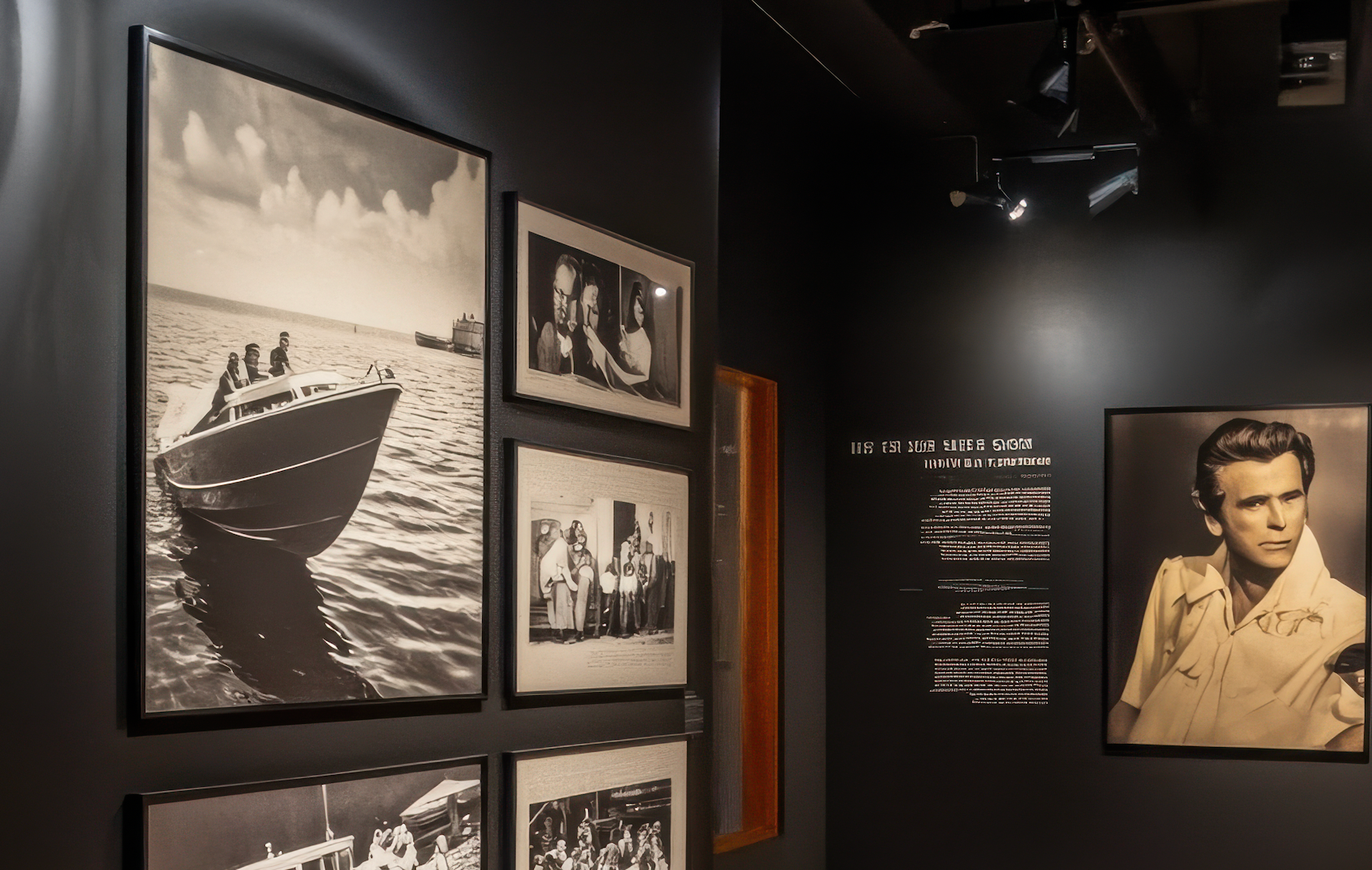 Museum exhibit wall with black-and-white ship photos and a sepia portrait on a dark background