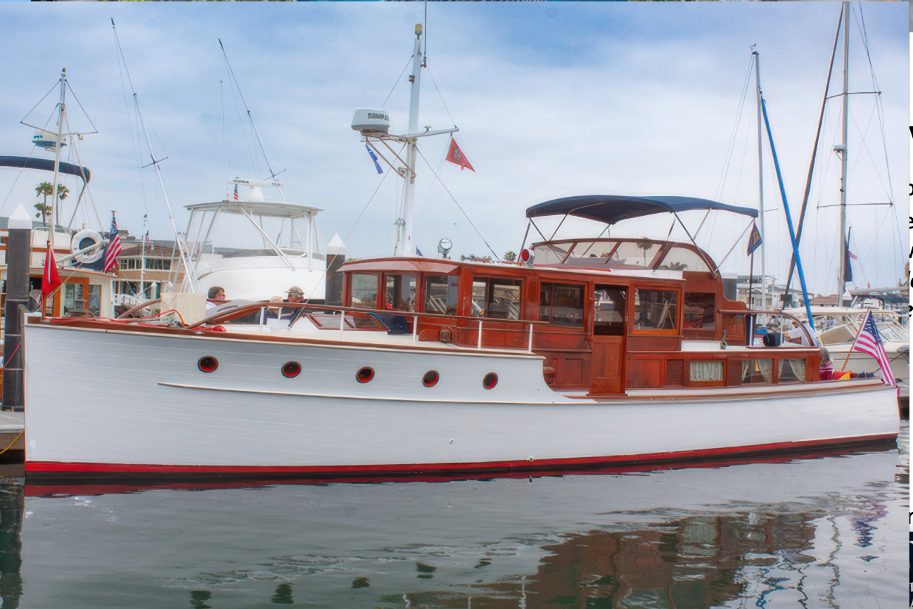 Wooden motorboat with white hull and red trim docked in a marina, with other boats in the background