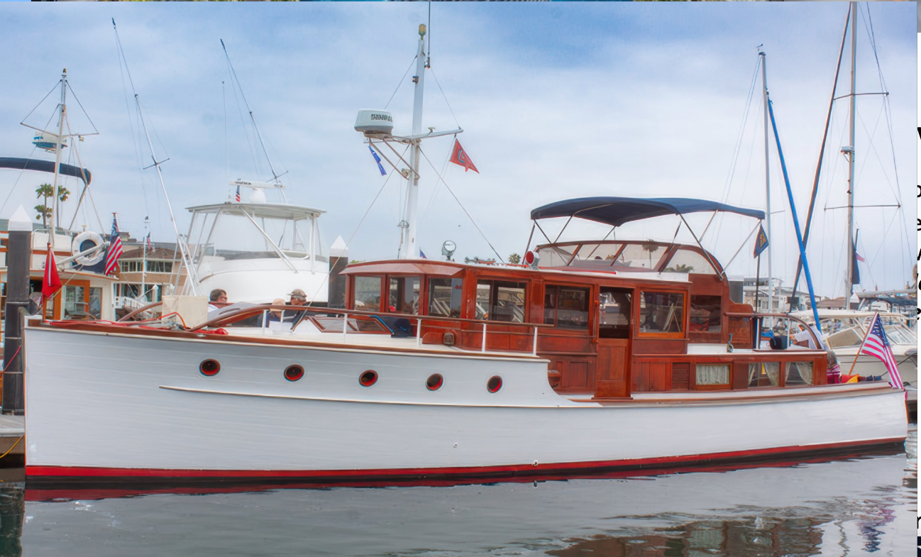 White-and-wood motorboat docked on calm water, with other boats and masts in the harbor.