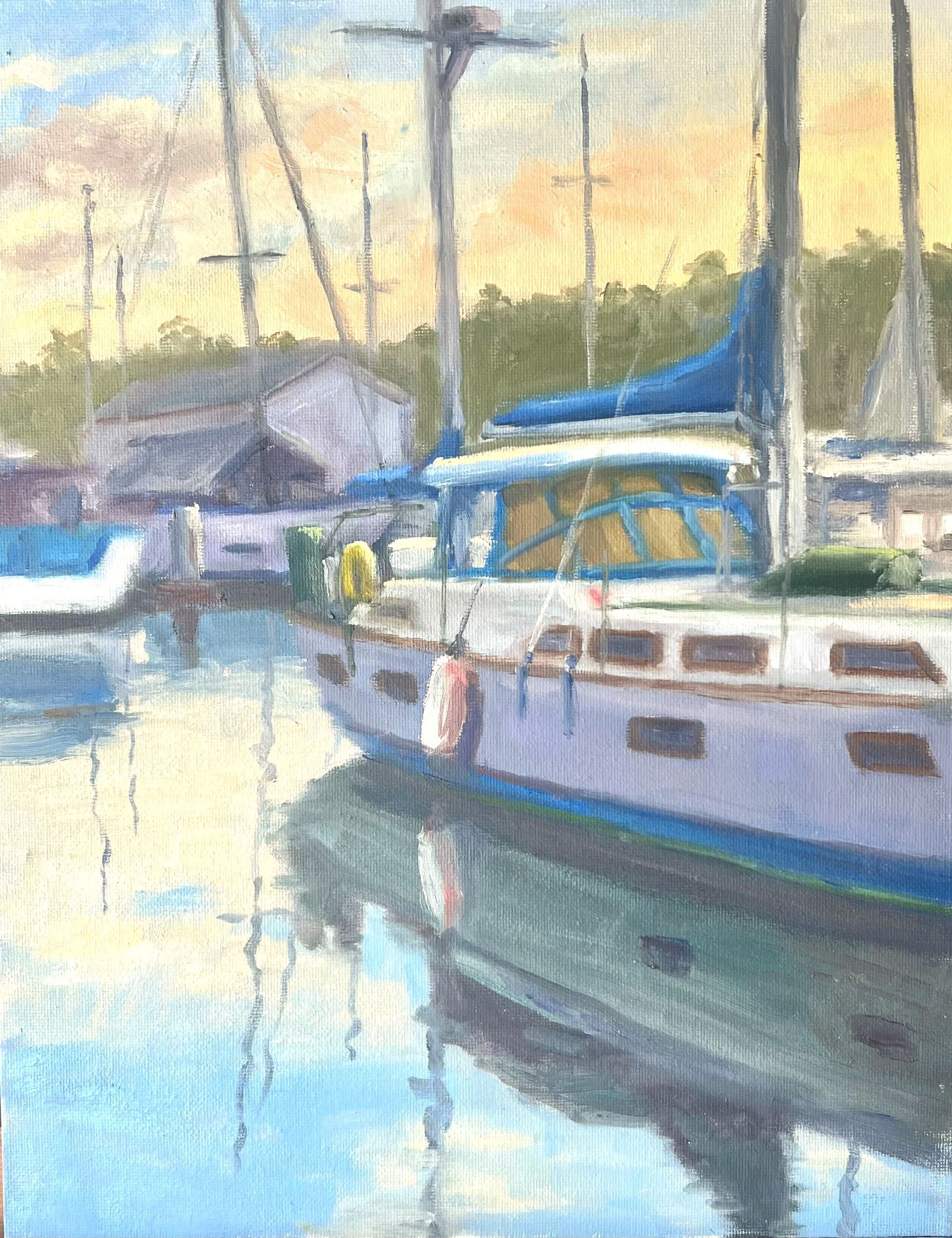Painted marina scene with sailboats, calm water, and reflections at sunset