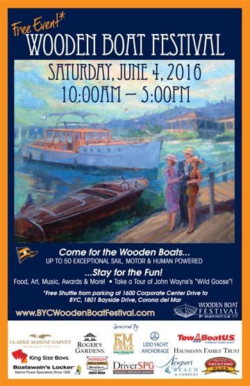 Wooden Boat Festival poster with boats on the water, June 4, 2016, 10:00am–5:00pm, and event details