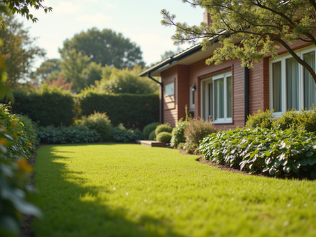 Sunlit suburban house with a green lawn, shrubs, and trees in the yard.