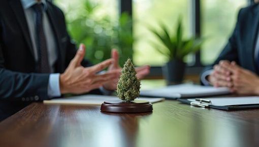 Two businesspeople in a meeting with a small cannabis plant centered on the table