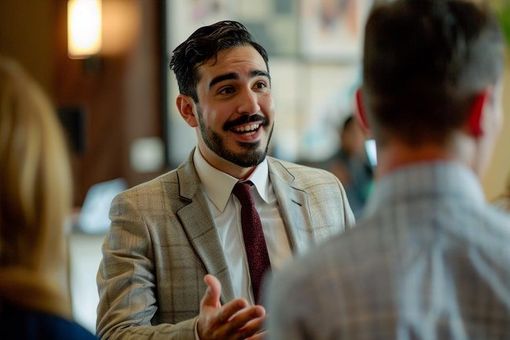 Smiling man in a light plaid suit speaking to two people in a warm indoor setting