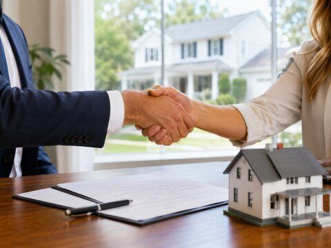 Handshake over a desk with house model and paperwork during a real estate meeting