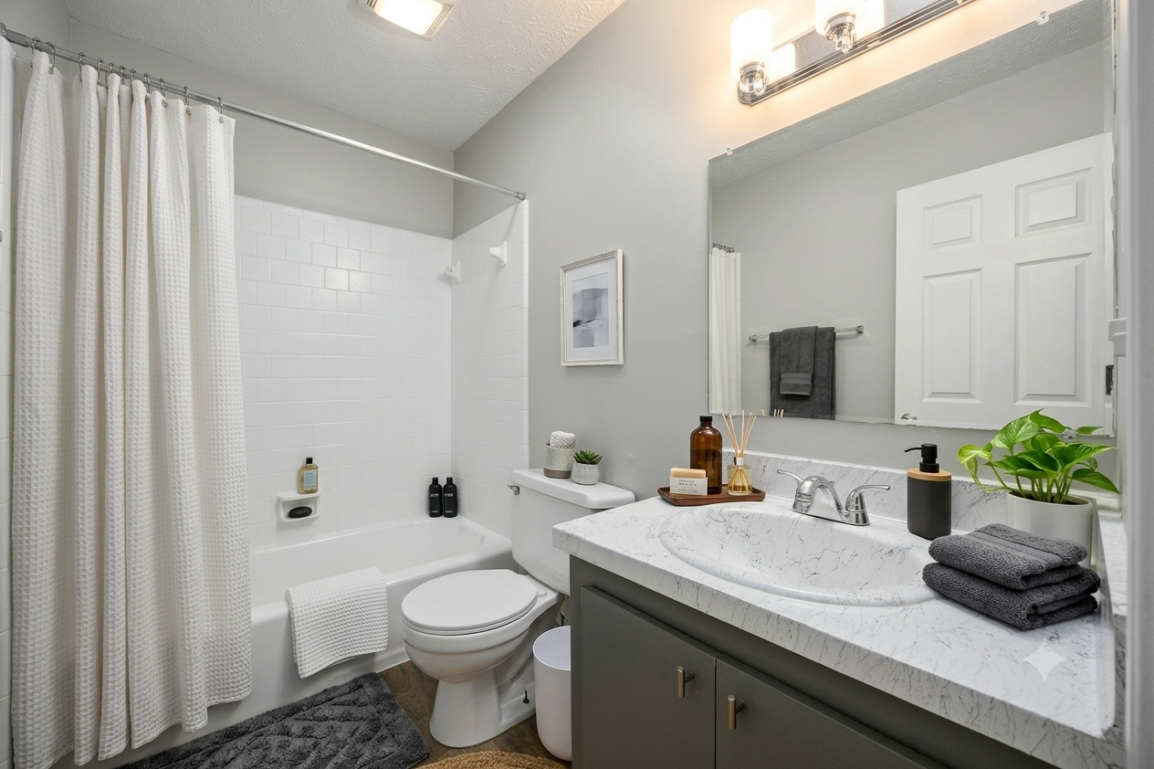 Bright modern bathroom with tub, toilet, vanity, large mirror, and white and gray finishes