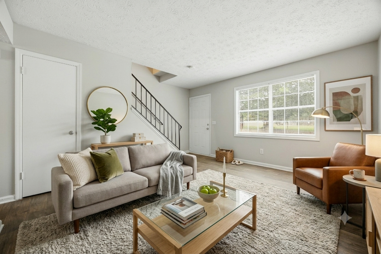 Bright living room with gray sofa, tan chair, wooden coffee table, large window, and staircase.
