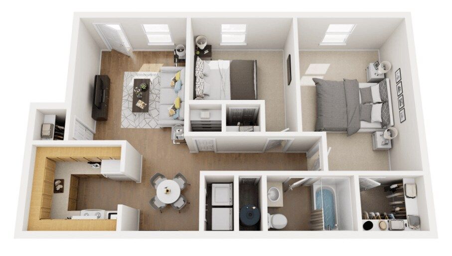 Top-down view of a small apartment floor plan with living area, kitchen, bathroom, and two bedrooms.