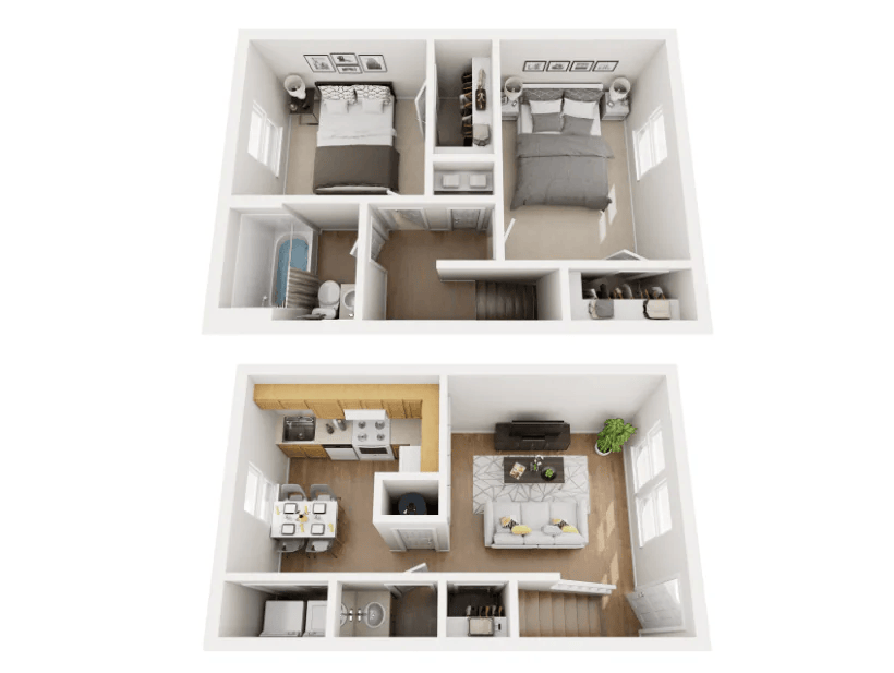 Two interior floor plan renderings of a small apartment, shown in white and wood tones.