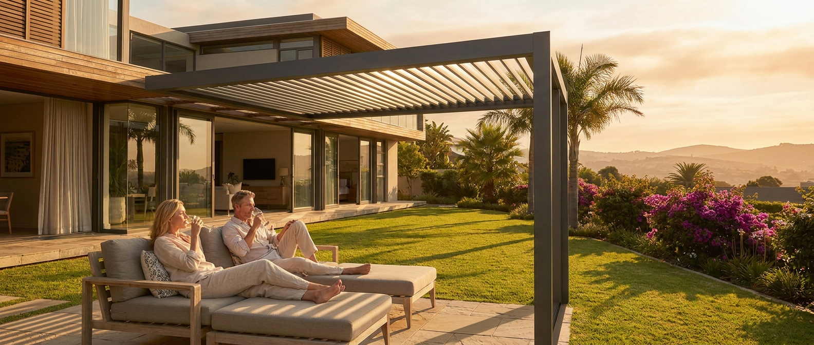 Premium adjustable louvre awning installed over a South African patio — Awning Warehouse