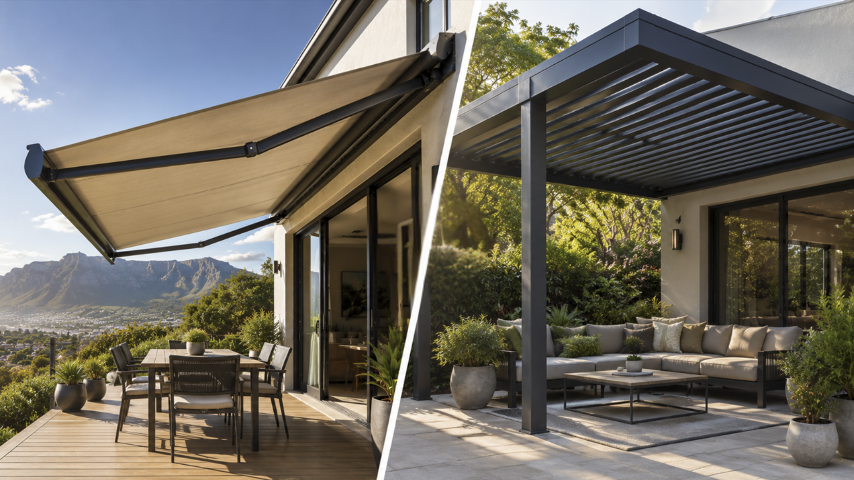 Retractable and fixed awnings over a south african patio