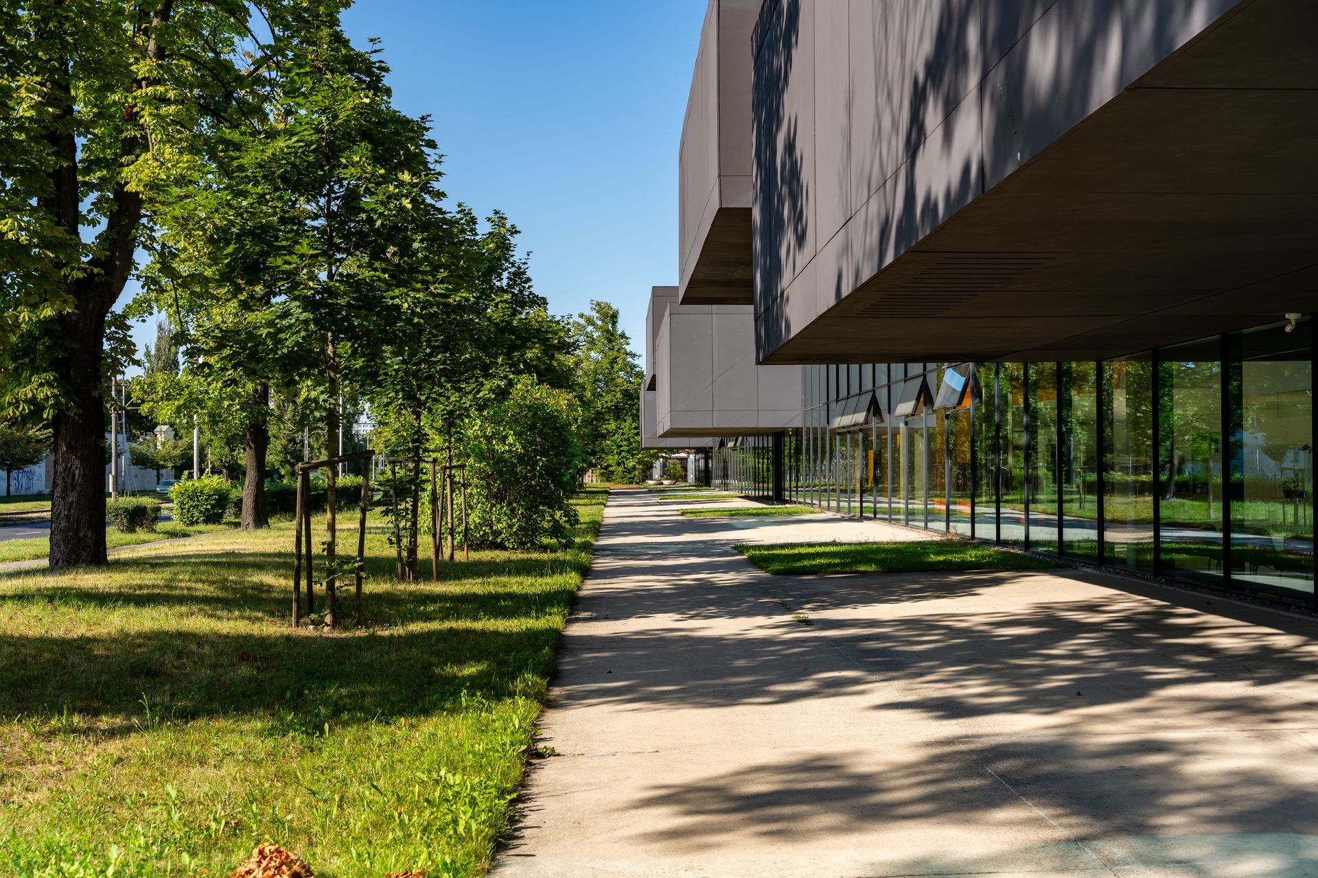 Modern commercial building with glass walls, landscaped lawn, and a tree-lined walkway. Modern commercial building with glass walls, landscaped lawn, and a tree-lined walkway.