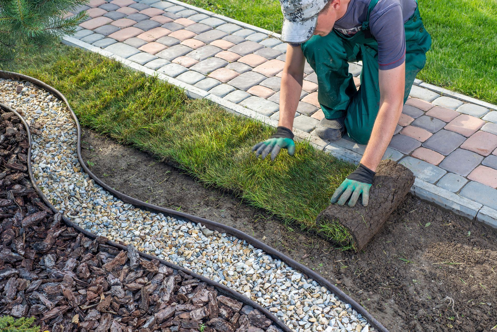 A gardener is applying turf rolls in the backyard.
