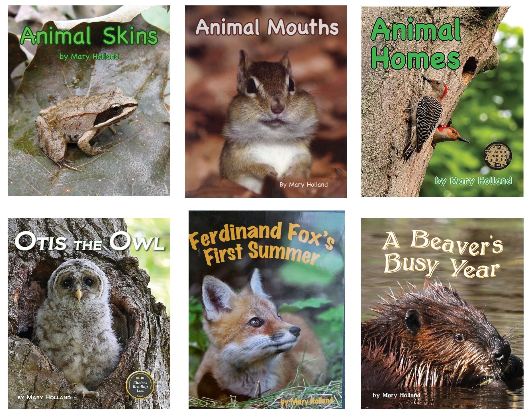 Book covers: animal skins, mouths, homes; Otis the Owl, Ferdinand Fox's First Summer, and a beaver.