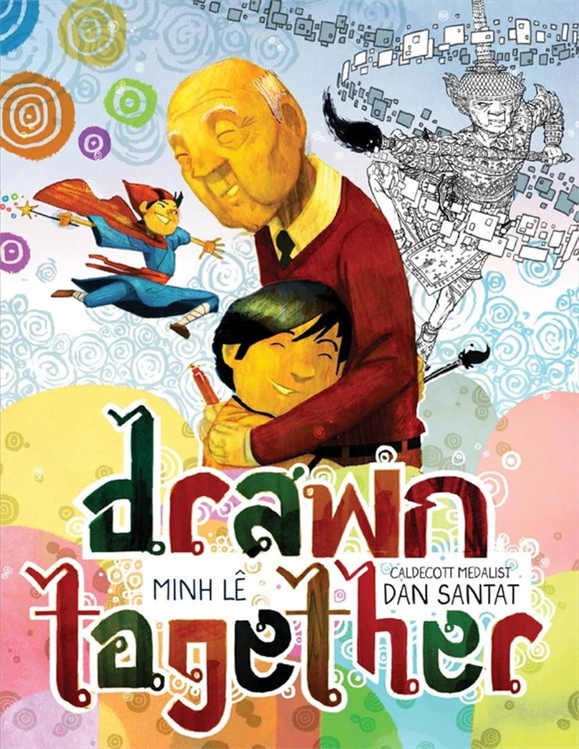 Book cover: A boy hugs an old man, both smiling. Animated figure flies to the left. Title in English and Thai.