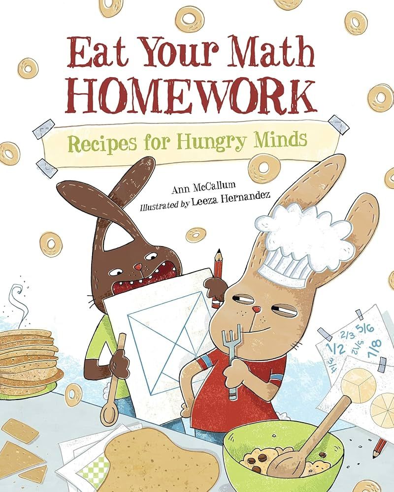 Cover art: Two cartoon rabbits, one drawing shapes, one cooking. Title: