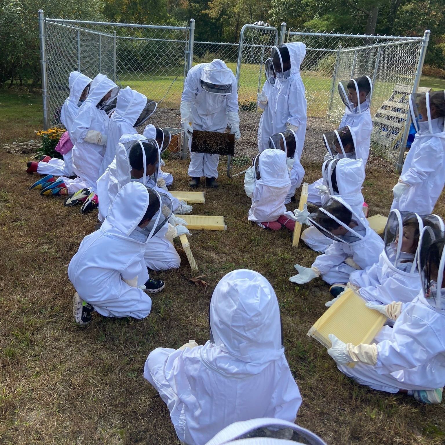 A group of montessori children in bee suits working together
