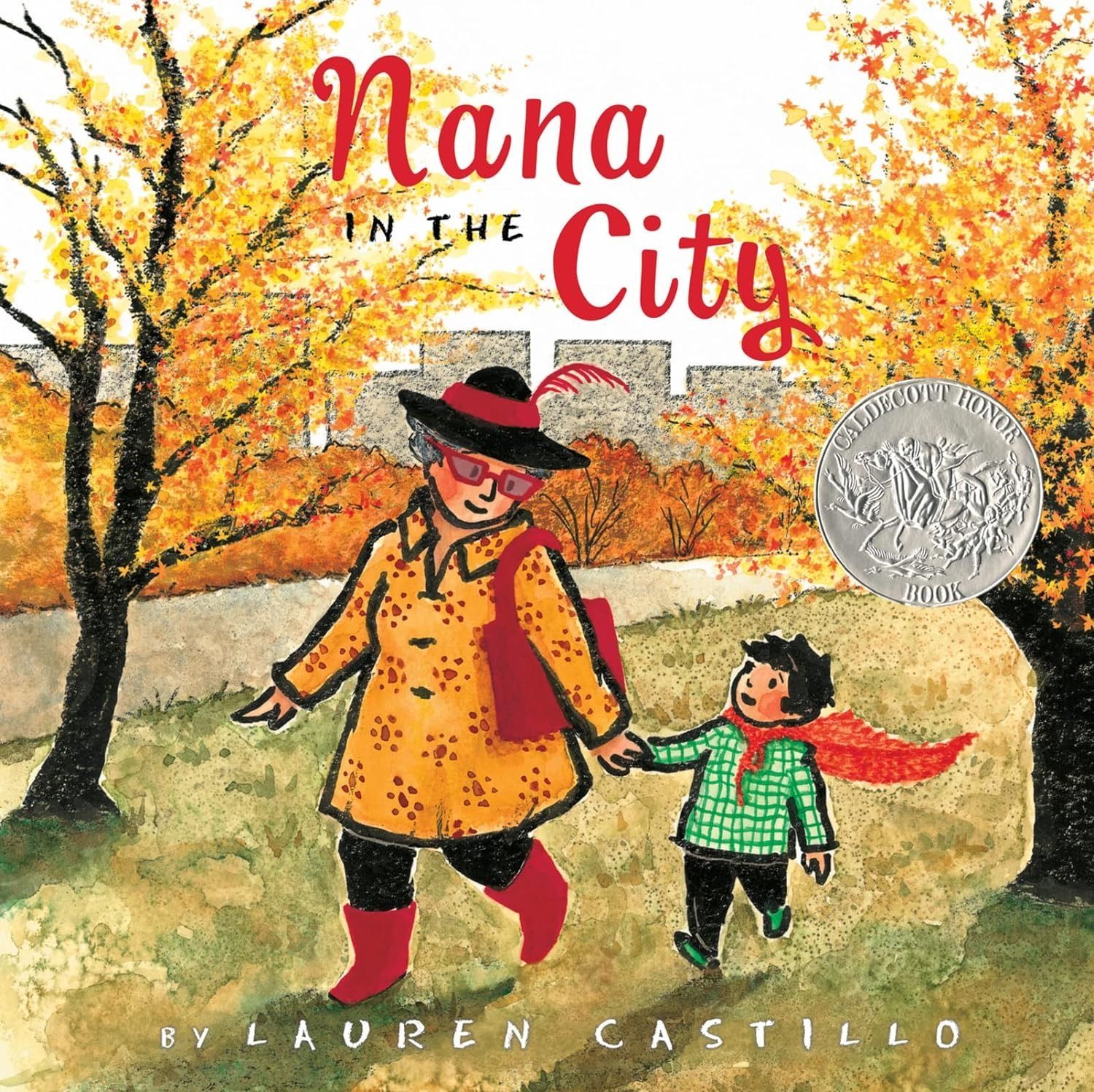 A child with a red cape walks with Nana, both wearing coats, in a park, with city buildings in the background.