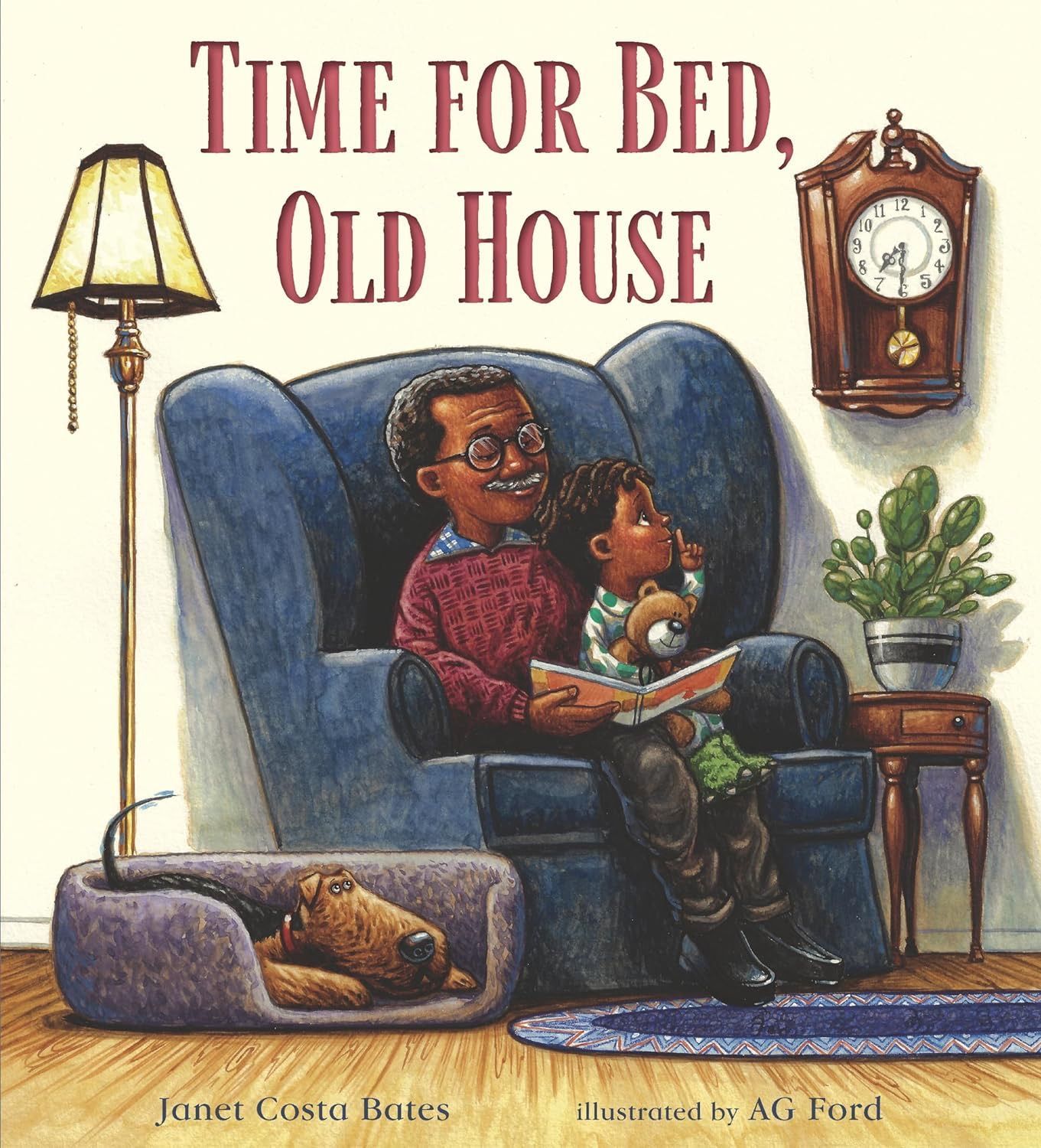 Father and child in armchair, reading. Dog in bed. House clock and lamp.