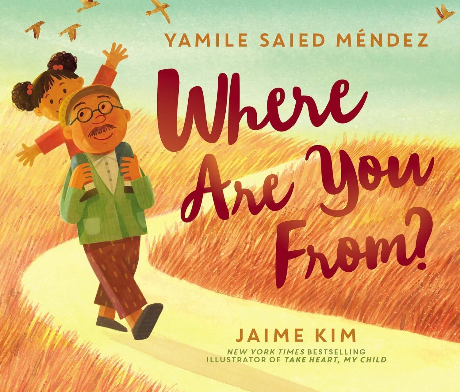 Book cover: A grandfather carries a child on his shoulders, walking on a path. Title