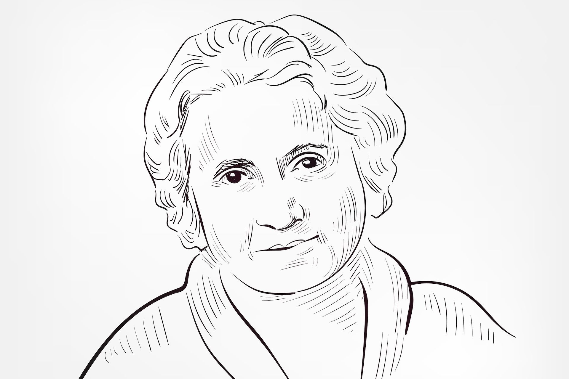 Portrait of Maria Montessori, looking forward with a slight smile.