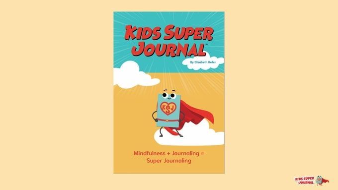 Kids Super Journal cover: superhero journal with a heart on a blue sky background.
