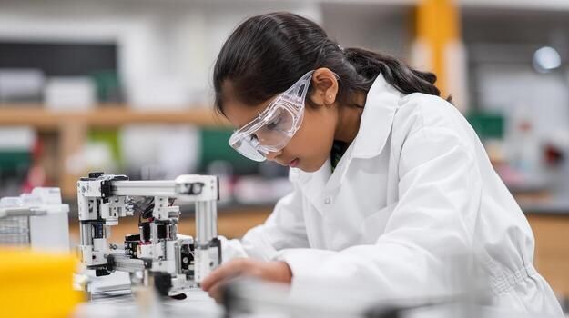 Montessori student scientist uses microscope in laboratory